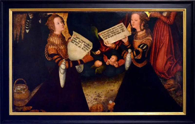 Prager Altartafel [mittleres Paneel, Fragment] : Heilige Katharina und Heilige Barbara mit Fragmenten der Figuren der Heiligen Dorothea und Margareta - Lucas Cranach der Ältere
