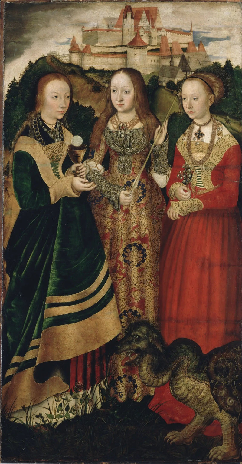 Altar des Märtyrers der heiligen Katharina: Heilige Barbara, Heilige Ursula, Heilige Margarete [rechte Flügel, Rückseite] - Lucas Cranach der Ältere