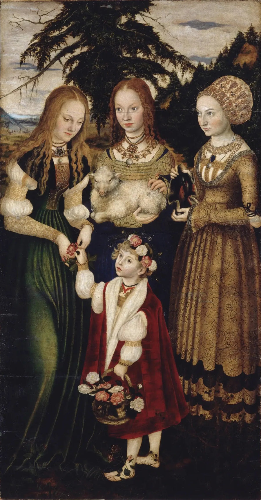 Altar des Märtyrers der heiligen Katharina: die heilige Dorothea, die heilige Agnes, die heilige Cunegunde [linke Flügel, Rückseite] - Lucas Cranach der Ältere