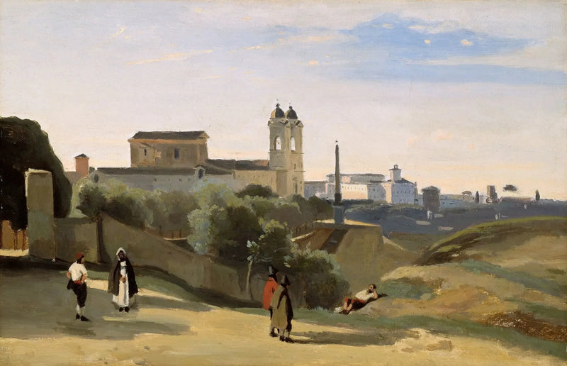 Rom Mont Pincio. La Trinité des Monts. Vue prix des jardins de l'Académie de France - Jean-Baptiste Camille Corot