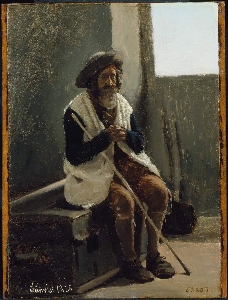 Rom, alter Mann sitzt auf einer Kiste, die zu Corot gehört - Jean-Baptiste Camille Corot