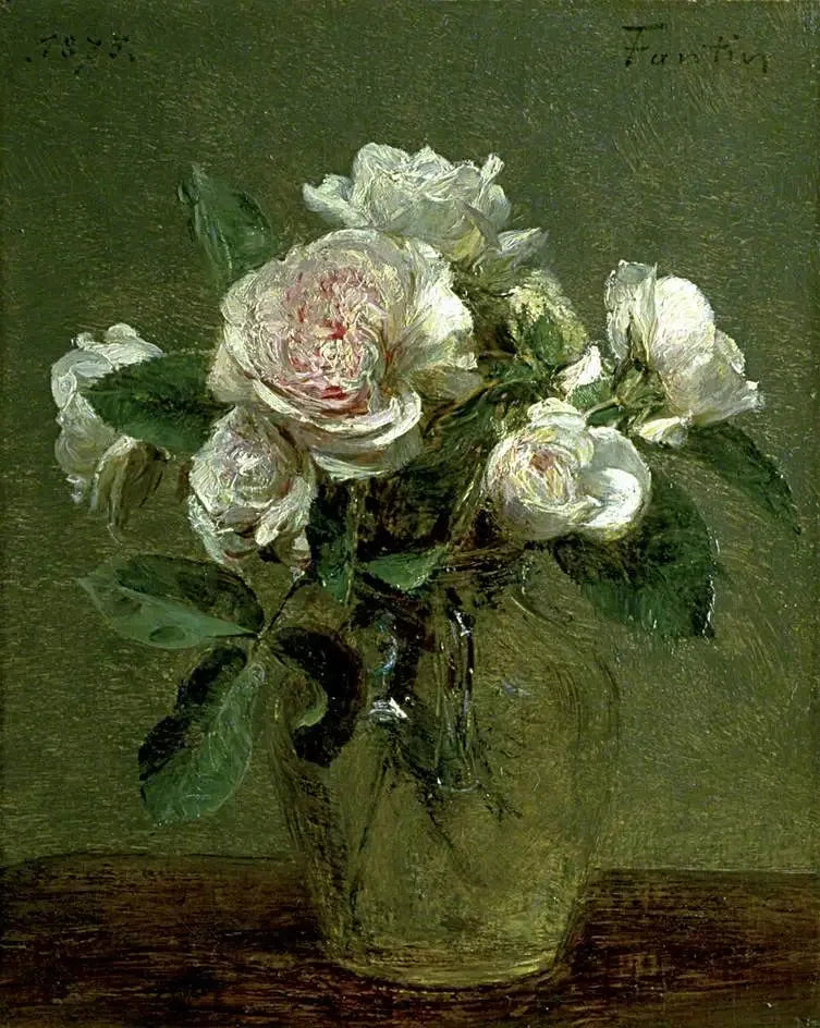 Roses blanches dans un vase en verre - Henri Fantin-Latour image 1 copie peinte à la main à l’huile
