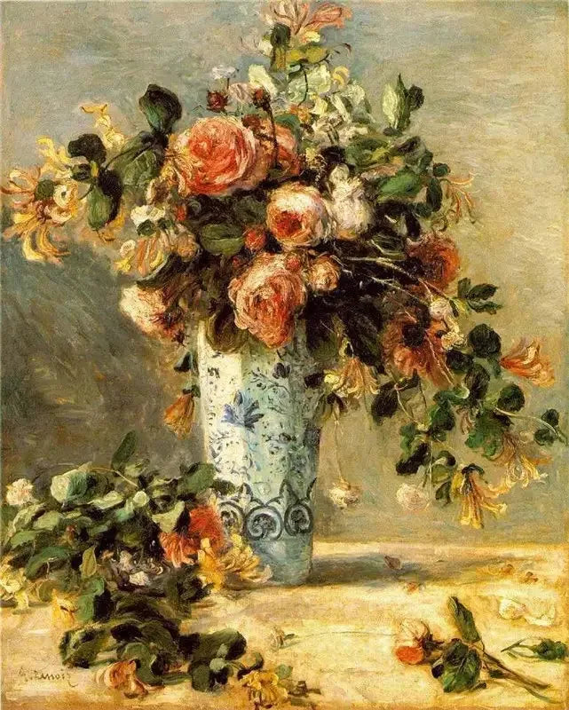Roses et jasmin dans un vase de Delft - Pierre-Auguste Renoir image 1 reproduction réalisée par Alpha Reproduction