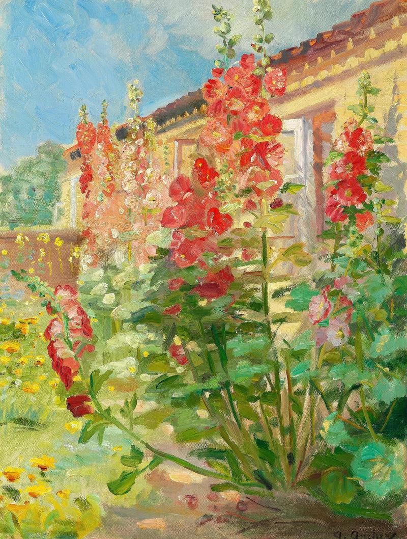 Rote Stockrosen im Garten der Familie Ancher im Markvej in Skagen. -Anna Ancher