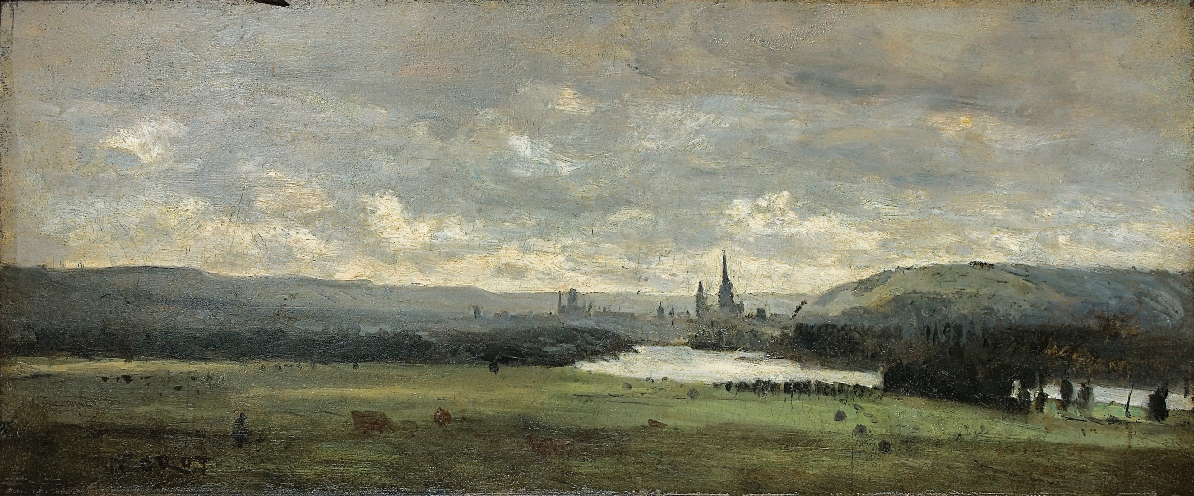 Rouen, eine Panoramaansicht der Seine im Vordergrund - Jean-Baptiste Camille Corot