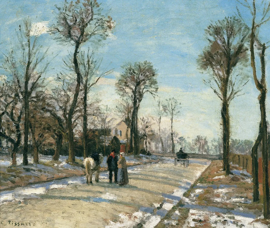 Route nach Versailles, Louveciennes, Sonne und Schnee im Winter - Camille Pissarro