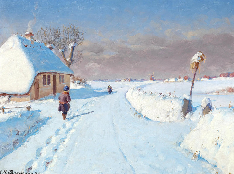 Sonniger Weg am Dorfrand, Winter (32 x 42 cm). - H. A. Brendekilde