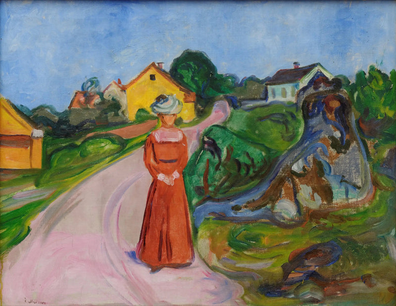 Straße von Åsgårdstrand und Frau im roten Kleid - Edvard Munch