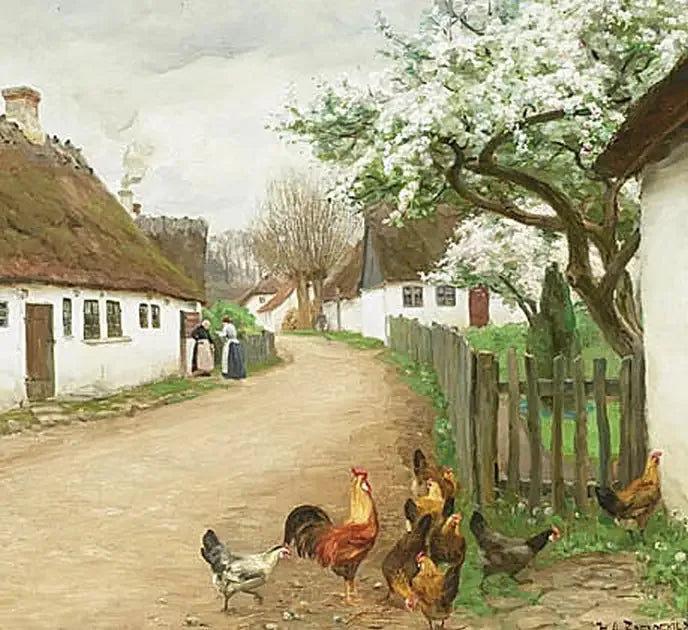 Dorfstraße mit Hühnern und zwei Frauen, die sich unterhalten. - H. A. Brendekilde