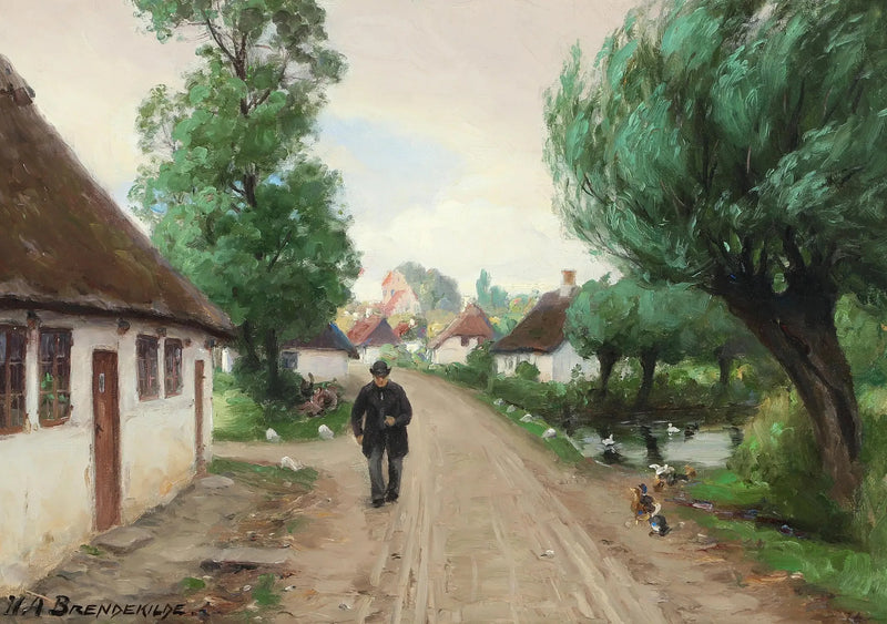 Dorfstraße mit Mann und Enten am Teichufer. - H. A. Brendekilde