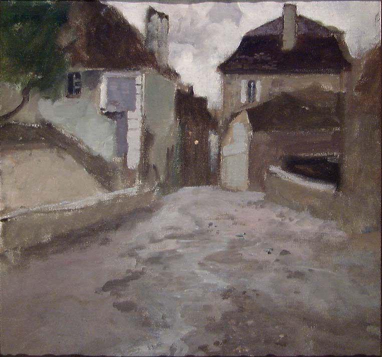 Dorfstraße unter bewölktem Himmel - Frits Thaulow