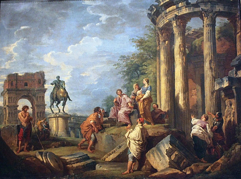 Ruinen der Architektur mit dem Janus-Bogen, dem Tempel der Vesta und der Reiterstatue von Marc Aurel