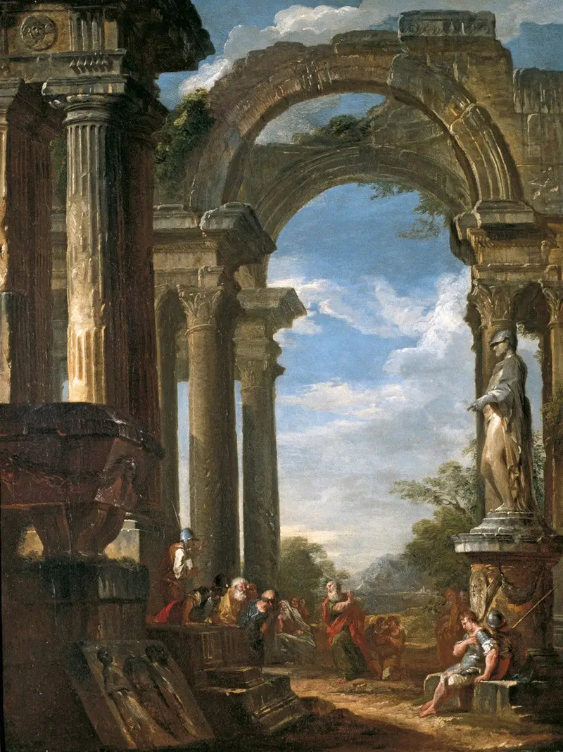 Ruinen eines Tempels mit einem Apostel, der predigt - Giovanni Paolo Panini