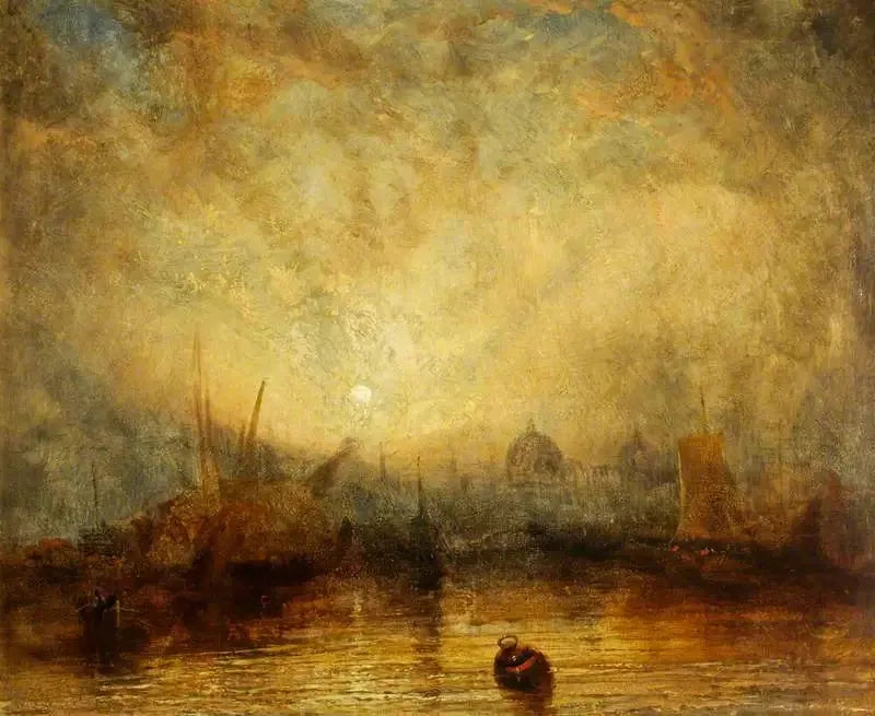Segelboote und andere Schiffe bei Sonnenuntergang mit Blick auf die Kuppeln einer Stadt (wahrscheinlich Venedig) - J. M. W. Turner