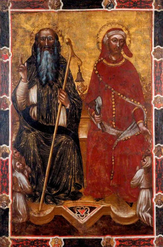 Saint Antoine l'Abbé und Saint Éloi mit zwei Paaren von Gläubigen kniend (eine Seite einer Prozessionsfahne) (früher zugeschrieben Barnaba da Modena) - Spinello Aretino