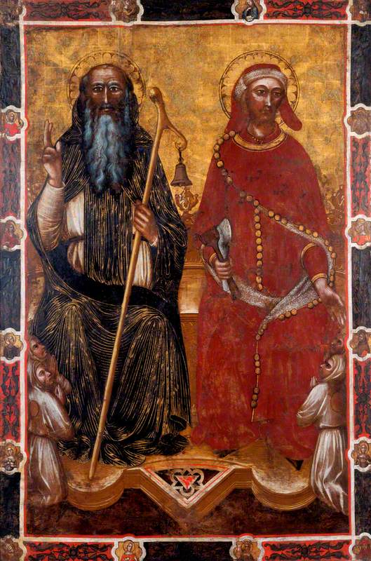Saint Antoine l’Abbé et Saint Éloi avec deux paires de fidèles agenouillés (un côté d’une bannière processionnelle)