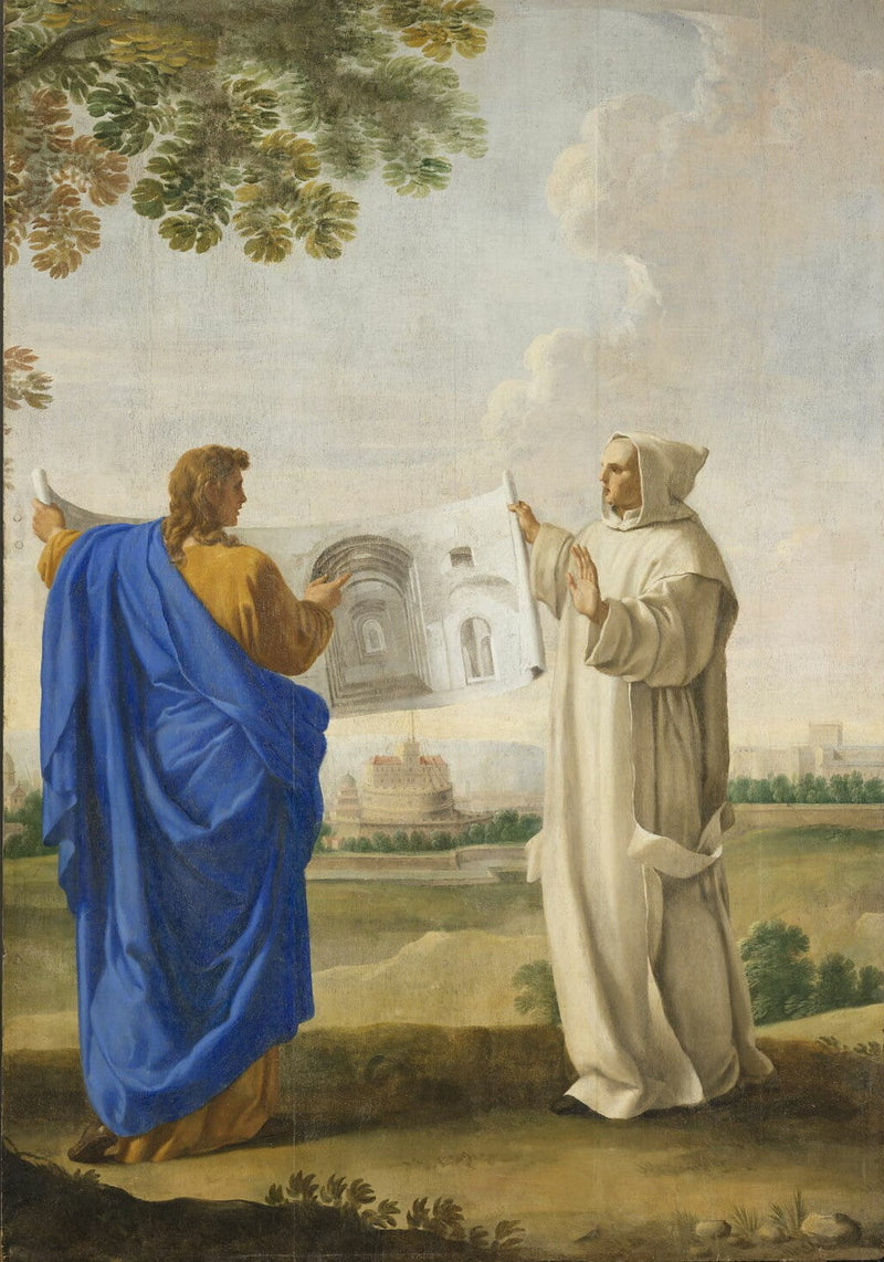 Saint Bruno untersucht eine Zeichnung der Thermen des Diocletian, Standort des zukünftigen Kartäuserklosters in Rom - Eustache Le Sueur