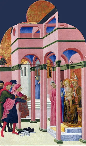 Der heilige Franziskus verzichtet auf seinen irdischen Vater - Stefano di Giovanni (Sassetta)
