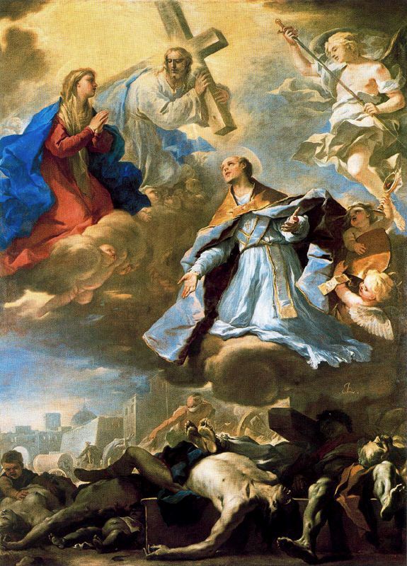 Saint Janvier bittet die Jungfrau, Christus und den ewigen Vater für die Pest. - Luca Giordano