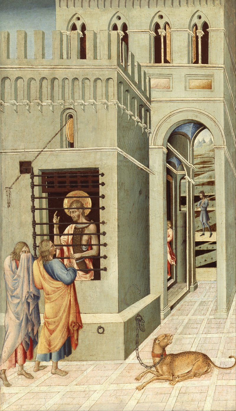 Johannes der Täufer im Gefängnis erhält Besuch von zwei Jüngern - Giovanni di Paolo