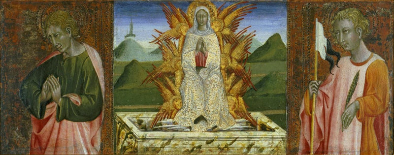 Johannes der Evangelist, die Himmelfahrt der Jungfrau und Heiliger Ansanus - Giovanni di Paolo