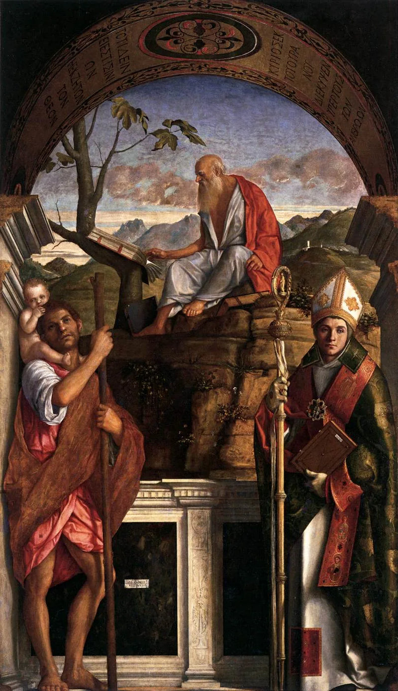 Hieronymus liest mit Heiligen Christophorus und Heiligen Ludwig von Toulouse - Giovanni Bellini