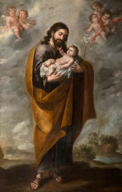 Saint Joseph mit dem Kind Erlöser (Engel in den Wolken) - Bartolomé Esteban Murillo