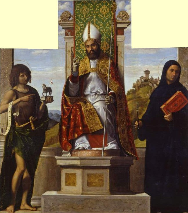 Der heilige Lanfranc thronend zwischen dem heiligen Johannes dem Täufer und dem heiligen Libère - Cima da Conegliano