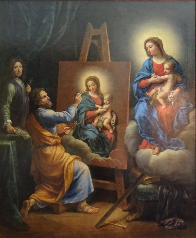 Saint Luc, der die Jungfrau mit dem Selbstporträt von Mignard malt - Pierre Mignard