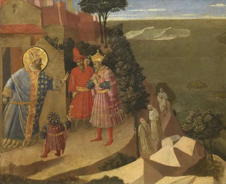 Saint Romuald verbietet Kaiser Otto III. den Eintritt in das Kloster, Ausschnitt aus einem ausgeschnittenen Panel mit Szenen aus der Thebais - Fra Angelico