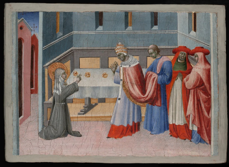 Heilige Klara von Assisi segnet das Brot vor Papst Innozenz IV. - Giovanni di Paolo