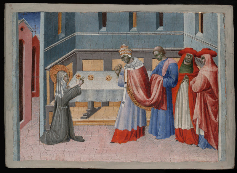Heilige Klara von Assisi segnet das Brot vor Papst Innozenz IV. - Giovanni di Paolo
