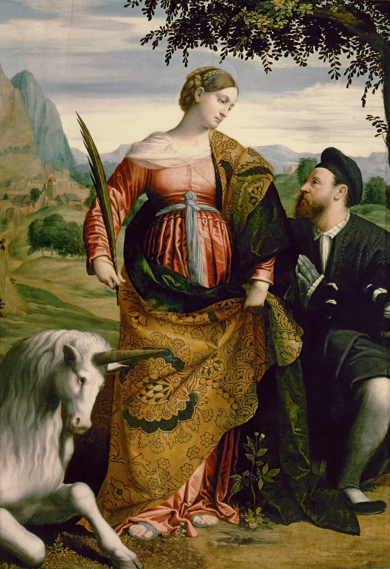 Heilige Justine mit Einhorn, verehrt von einem Schutzpatron - Alessandro Bonvicino