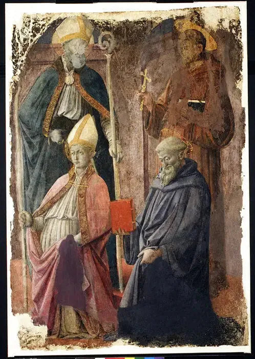 Heilige Augustinus und Franziskus, ein Bischofssaint, und Heiliger Benedikt - Fra Filippo Lippi