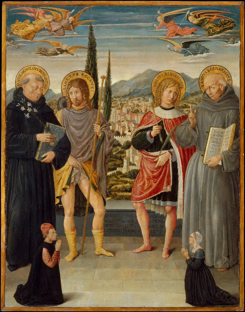 Heilige Nikolaus von Tolentino, Roch, Sebastian und Bernardin von Siena mit knienden Spendern - Benozzo Gozzoli