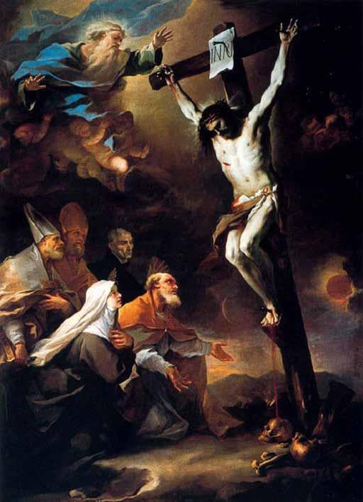 Heilige Schutzpatrone von Neapel, die das Kruzifix anbeten - Luca Giordano