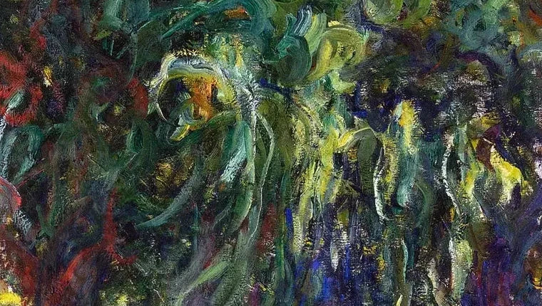 Détail des branches en arabesques vertes et jaunes du Saule pleureur W1942