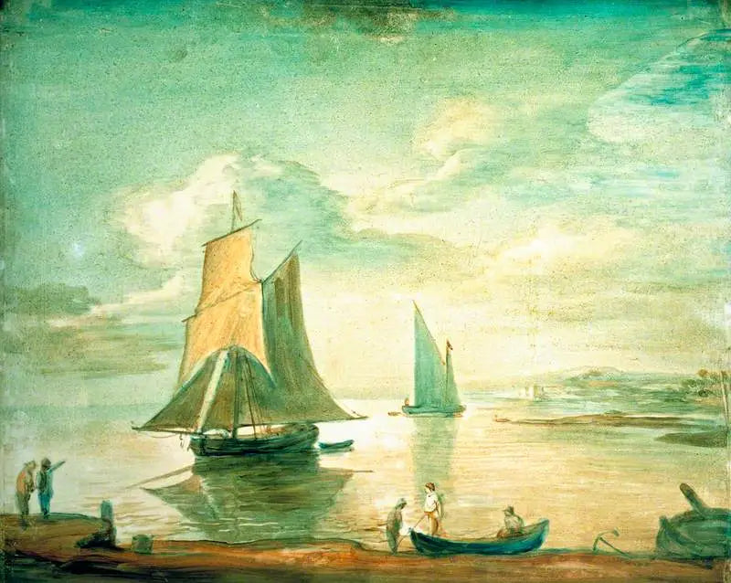 Scène côtière avec des bateaux à voile et à rames et des personnages sur le rivage - Thomas Gainsborough image 1 tableau peint à l’huile sur toile