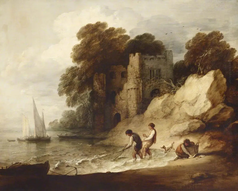 Küstenlandschaft mit Burgruine, Booten und Fischern - Thomas Gainsborough