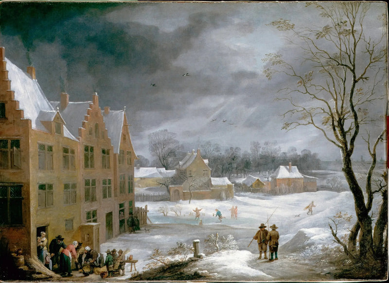 Winterlandschaft mit einem Mann, der ein Schwein tötet - David Teniers der Jüngere