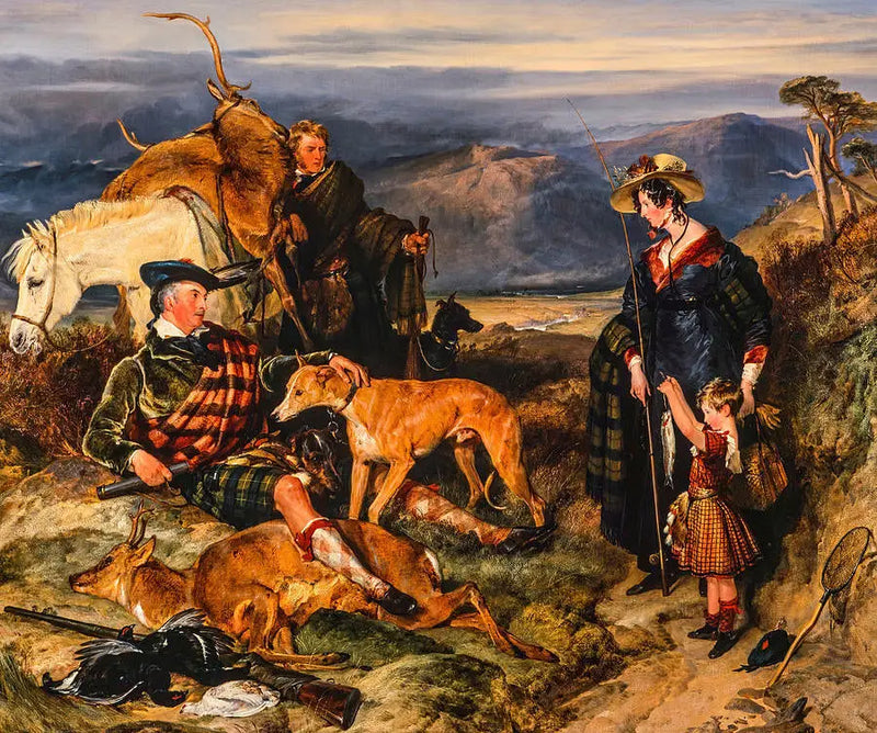 Szene in den Highlands, mit den Porträts der Herzogin von Bedford, des Herzogs von Gordon und von Lord Alexander Russell - Edwin Henry Landseer