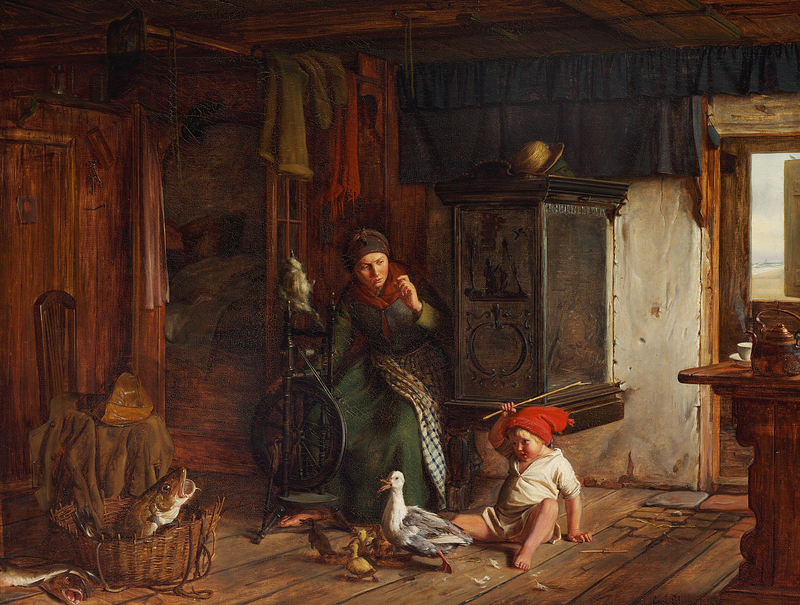 Szene in einem Fischerhaus. Ein Junge greift eine Ente an. Papa muss schlafen. - Carl Heinrich Bloch