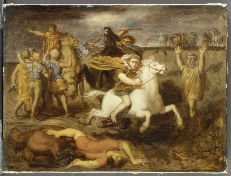 Szene des Krieges der Gallischen Kriege: Der gallische Littavicus, der die römische Sache verrät, flieht nach Gergovie, um Vercingétorix zu unterstützen - Théodore Chassériau