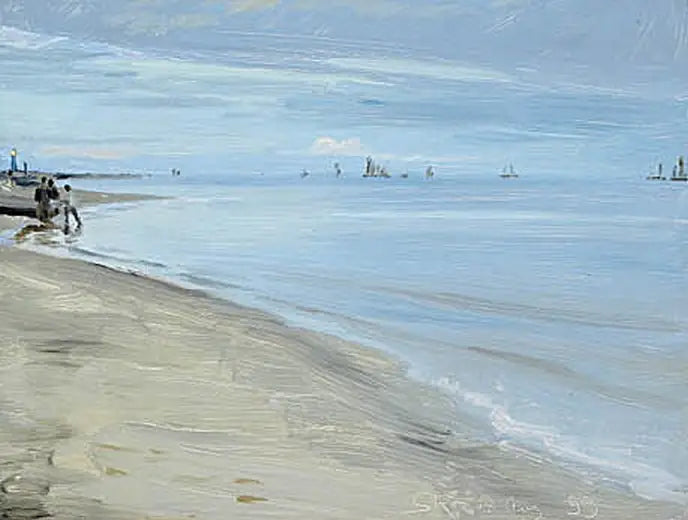 Strand Szene in Skagen. Fischer auf einem Boot. Der Leuchtturm ist beleuchtet. - Peder Severin Krøyer
