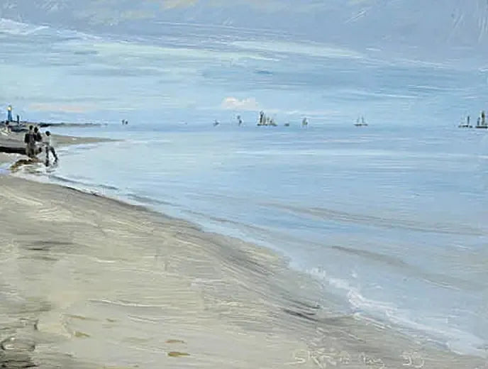 Strand Szene in Skagen. Fischer auf einem Boot. Der Leuchtturm ist beleuchtet. - Peder Severin Krøyer