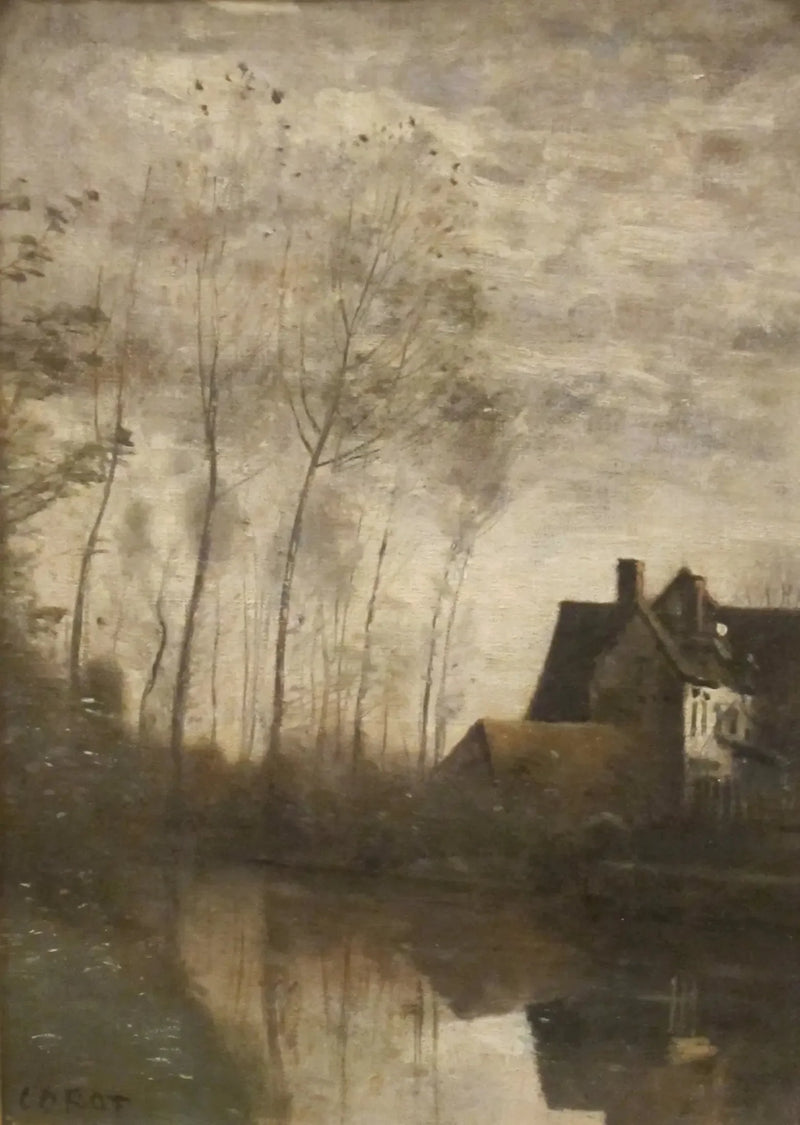 Flusslandschaft mit Häusern und Pappeln - Jean-Baptiste Camille Corot