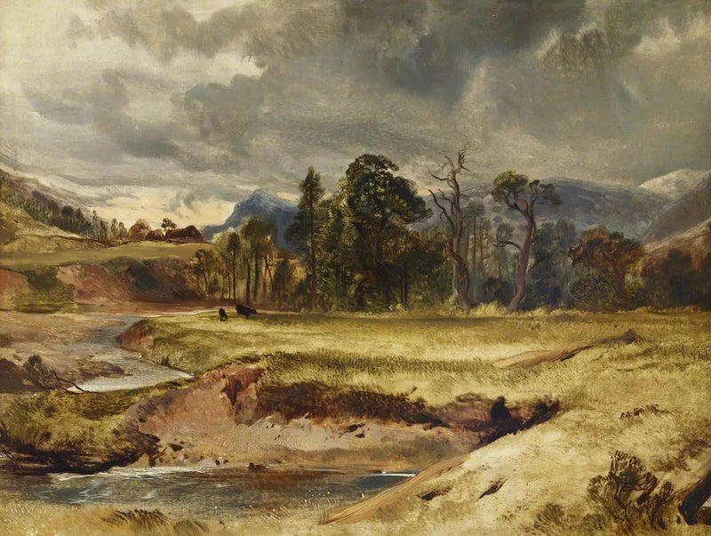 Schottische Flusslandschaft mit Vieh auf einer Wiese - Edwin Henry Landseer