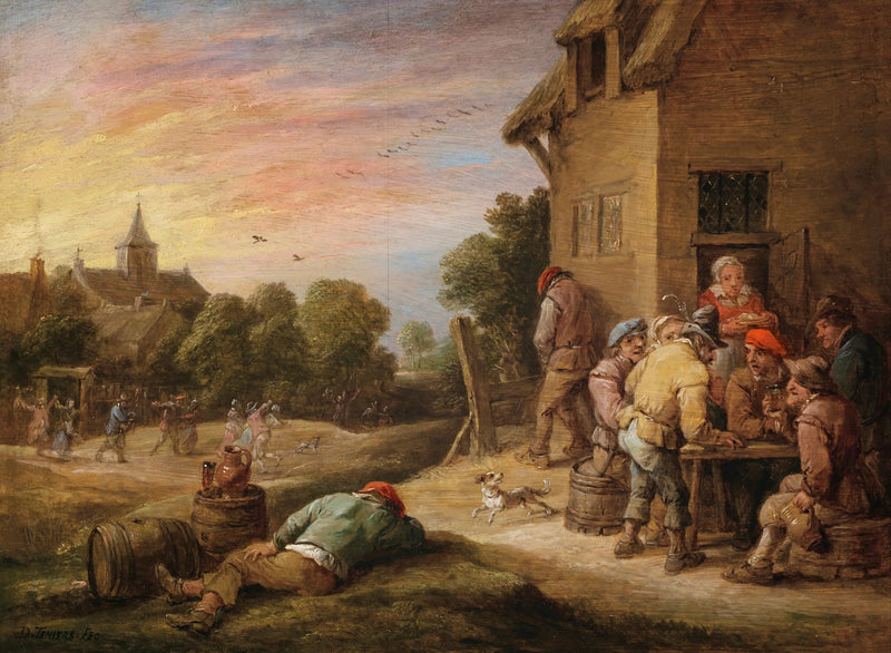 Dorfszene mit Bauern, die vor einer Gaststätte feiern - David Teniers der Jüngere