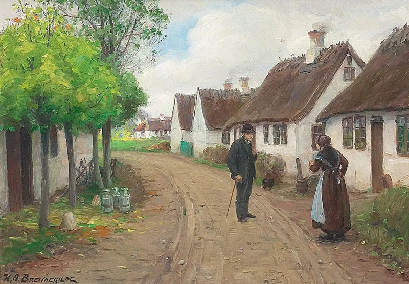 Dorfansicht von Jyllinge mit sprechenden Personen. - H. A. Brendekilde