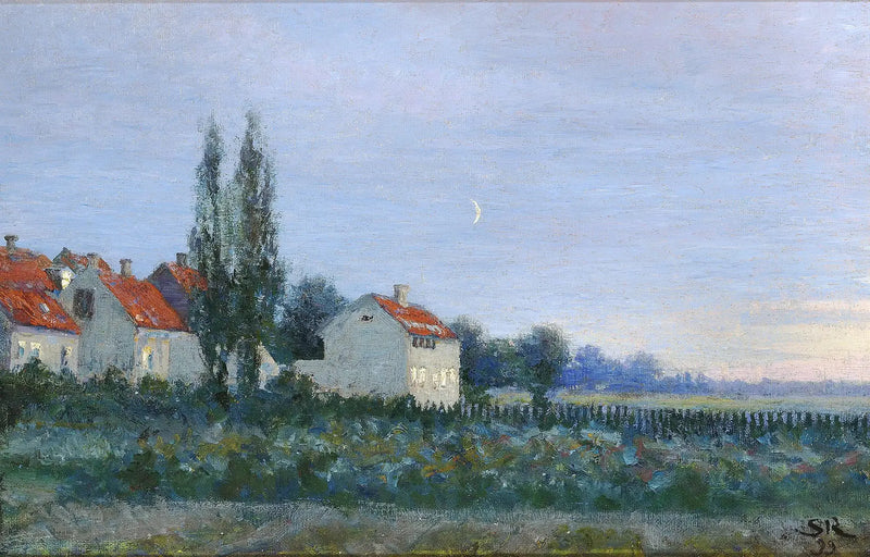 Abendlandschaft mit Häusern und Pappeln. - Peder Severin Krøyer